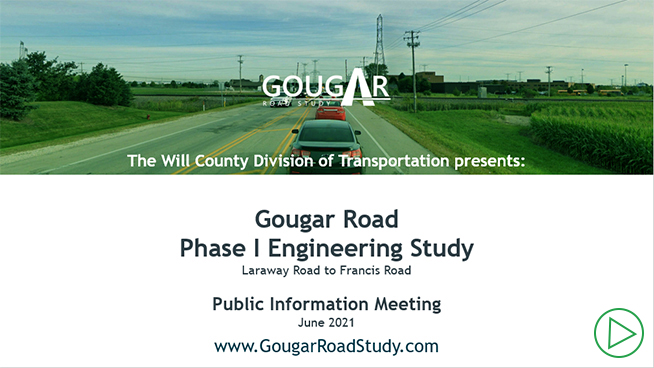Video screen welcoming site visitors to the Gougar Road Phase I Engineering Study public information meeting. 