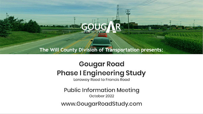 Video screen welcoming site visitors to the Gougar Road Phase I Engineering Study public information meeting. 