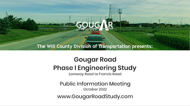 Video screen welcoming site visitors to the Gougar Road Phase I Engineering Study public information meeting. 